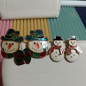 Vtg Painted Enamel Post Snowman Snowmen Winter Xmas Earrings Lot Of 2